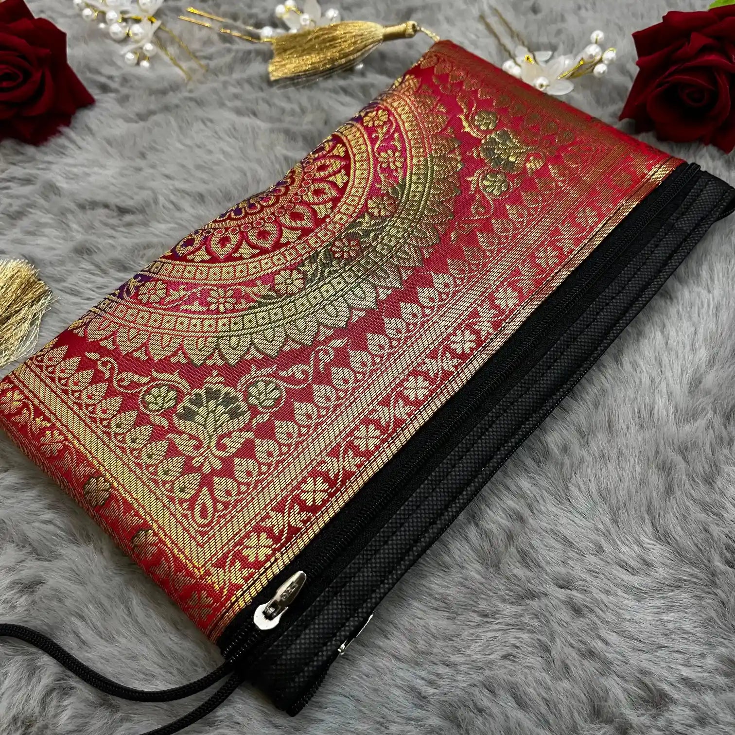 Dark Red Shade Handmade Banarasi Women Wallet