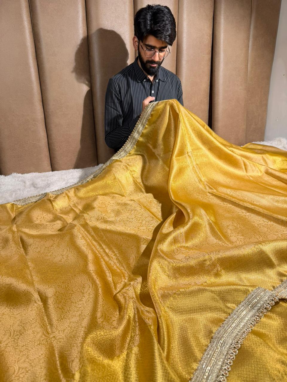 Dark Yellow Brocade Kanjivaram Tissue Designer Saree