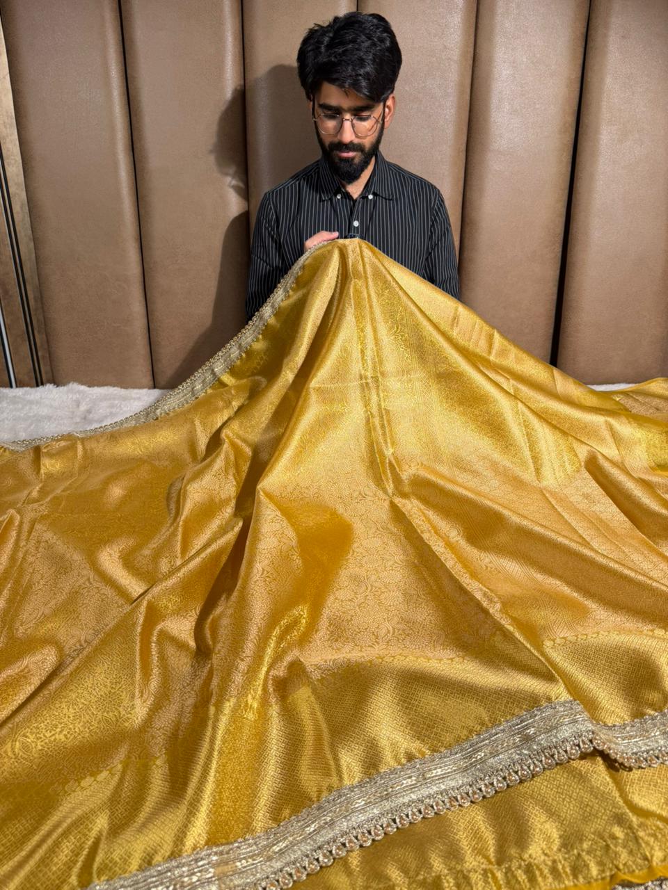 Dark Yellow Brocade Kanjivaram Tissue Designer Saree