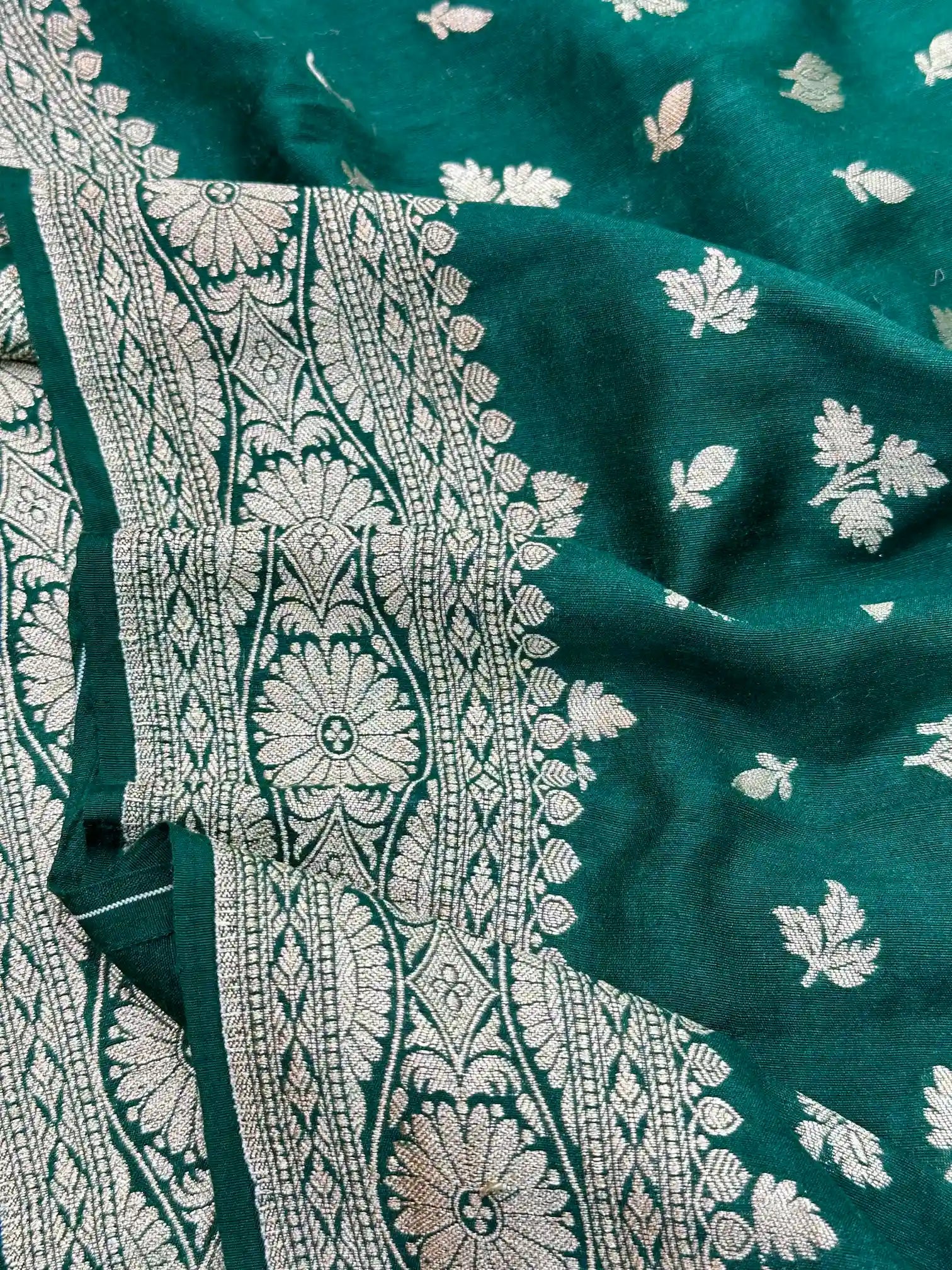Dark Green Buti Motifs Munga Silk Saree