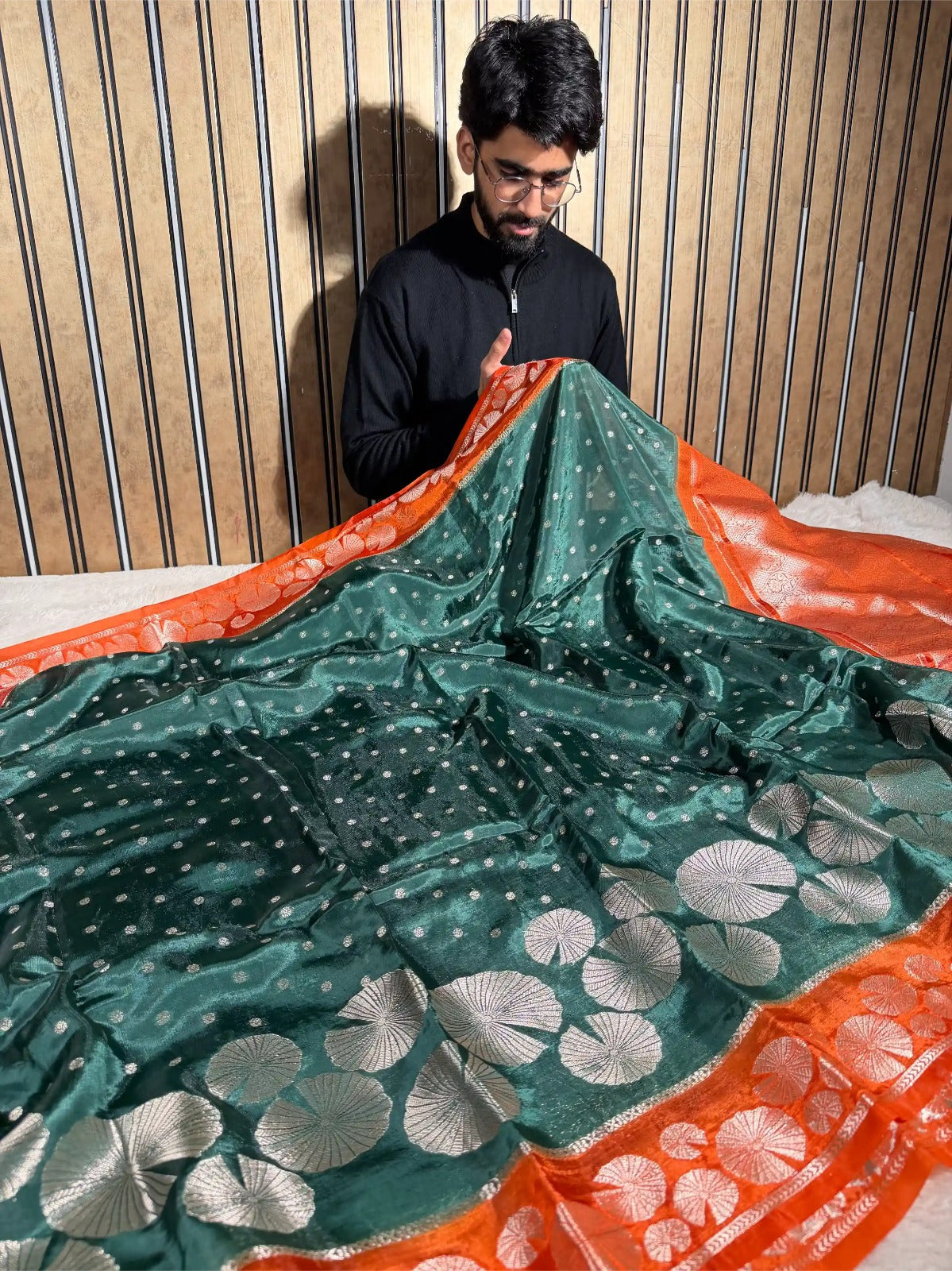 Dark Green Chinia Silk Contemporary Banarasi Saree