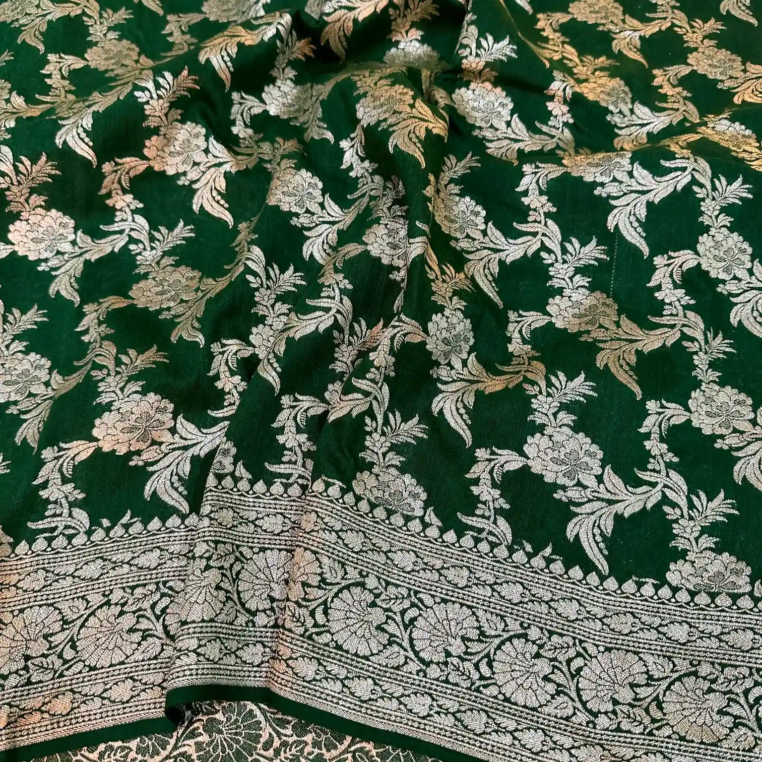 Dark Green Floral Munga Silk Banarasi Saree