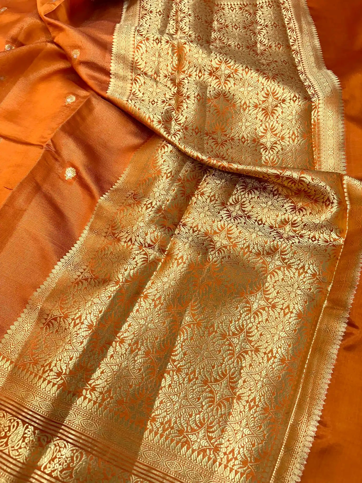 Dark Orange Zari Touch Raw Mango Silk Banarasi Saree