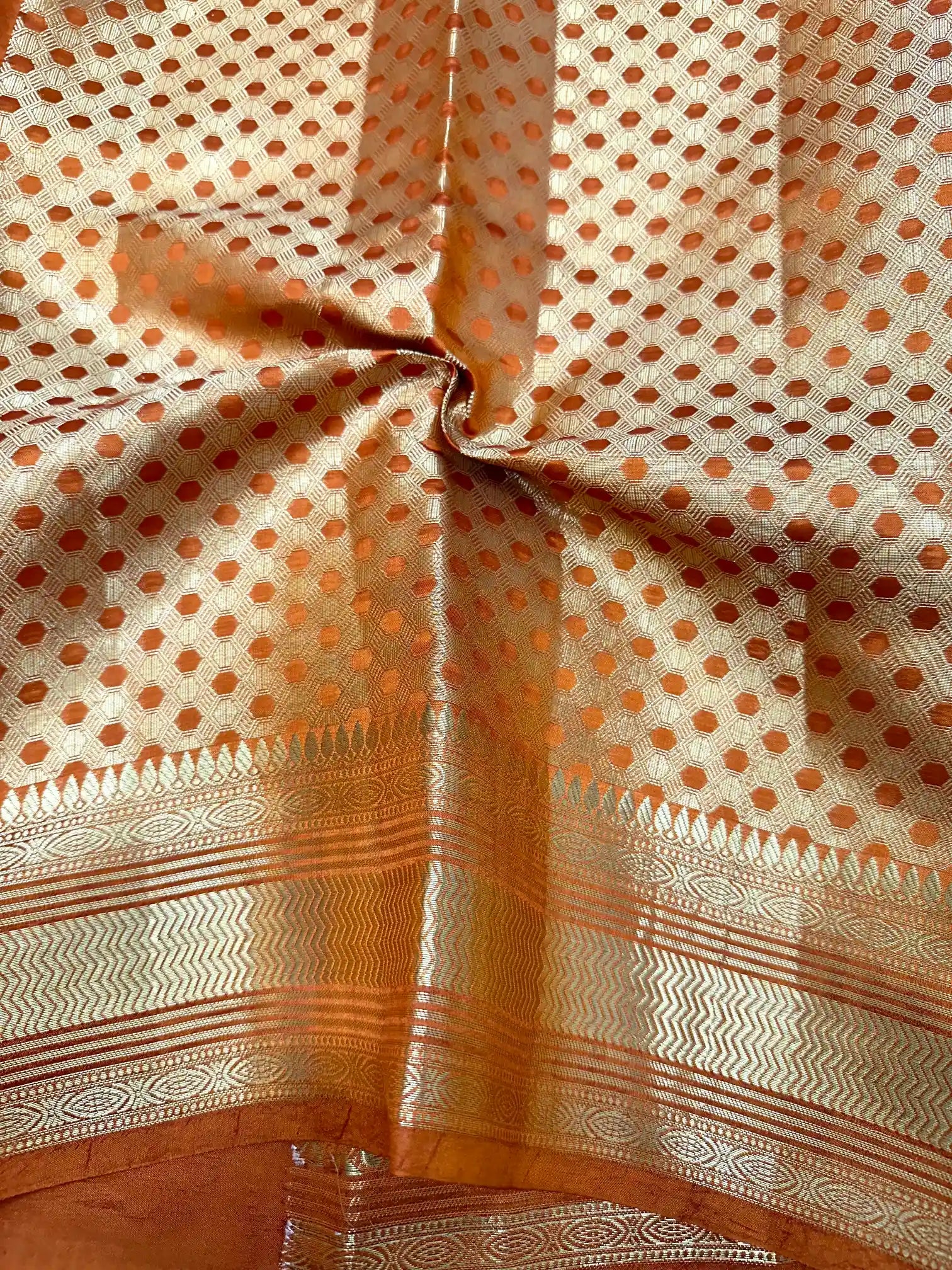 Dark Orange Zari Touch Raw Mango Silk Banarasi Saree