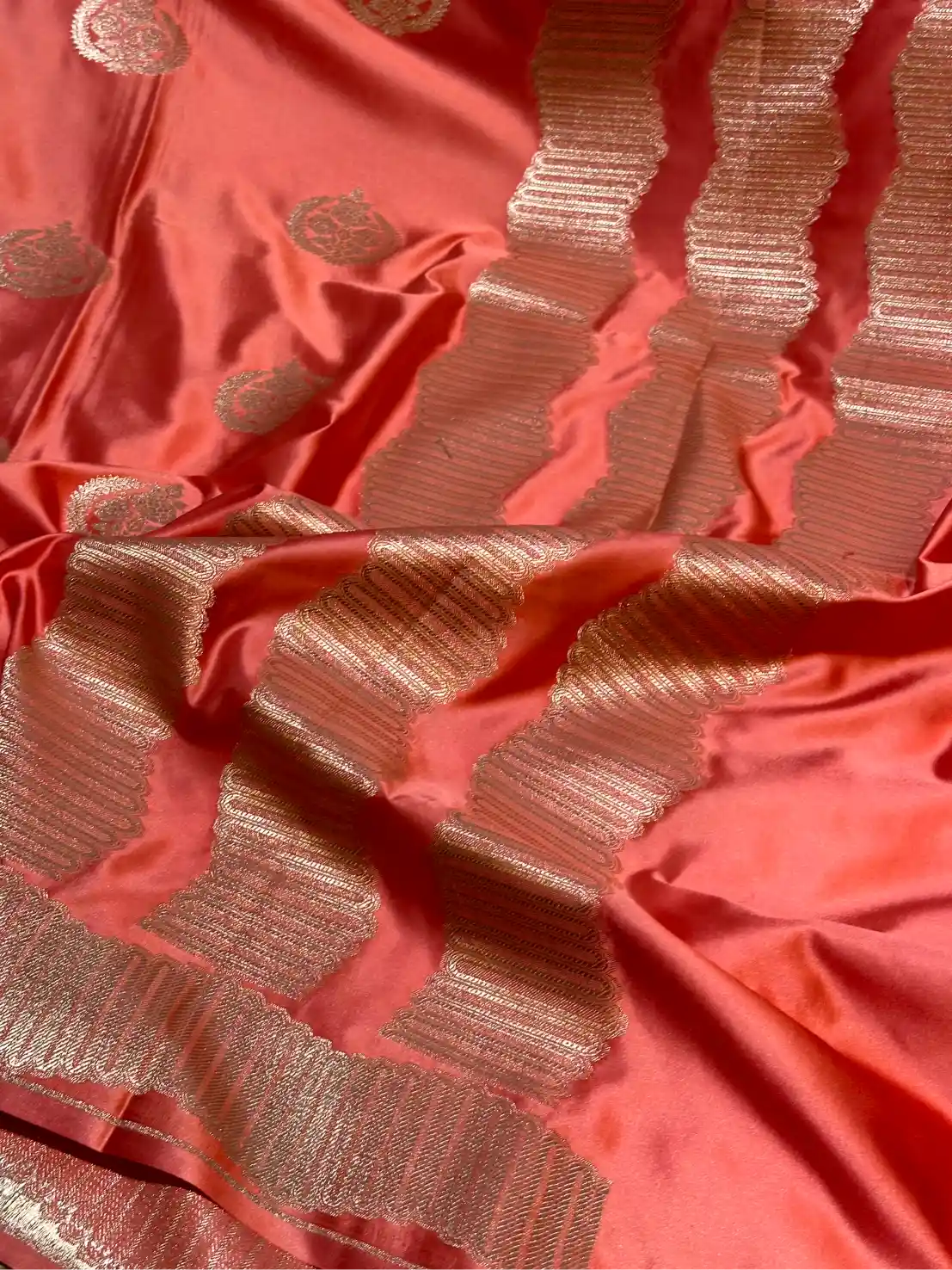 Dark Peach Mashru Katan Silk Contemporary Design Banarasi Saree