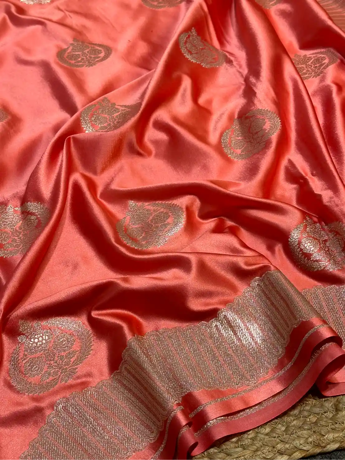 Dark Peach Mashru Katan Silk Contemporary Design Banarasi Saree