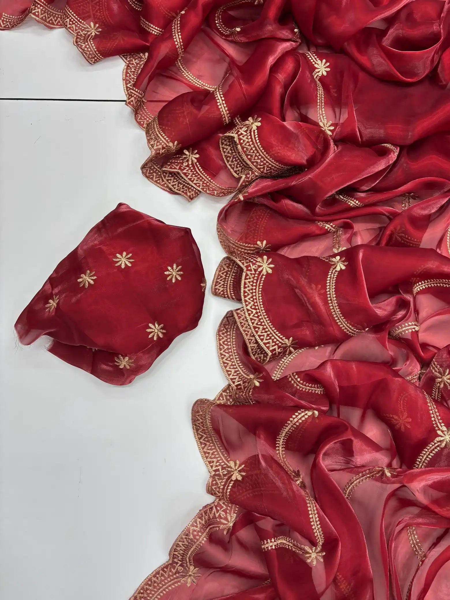 Deep Carmine Shimmery Tissue Silk Saree