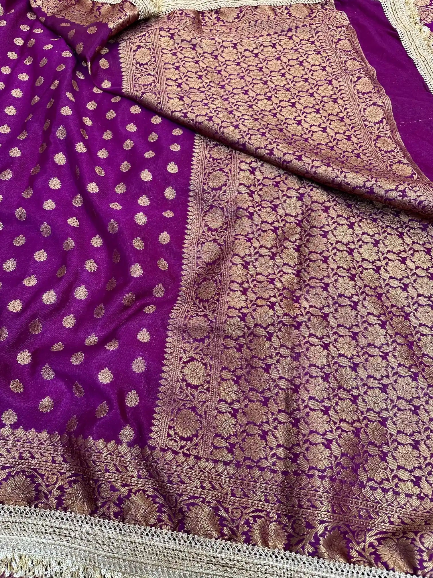 Deep Purple Khaddi Buti Georgette Silk Lace Attached Banarasi Saree