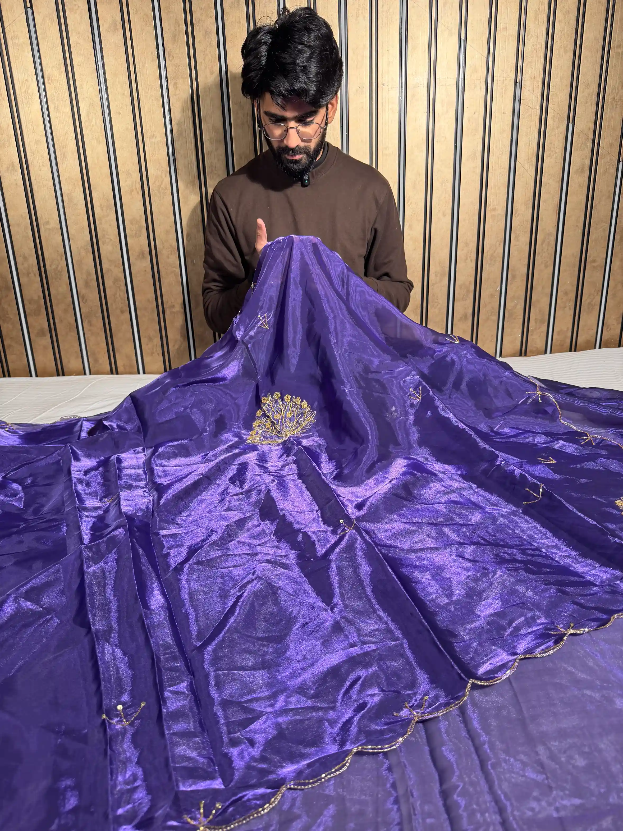 Deep Purple Shimmery Tissue Silk Handwork Sareev