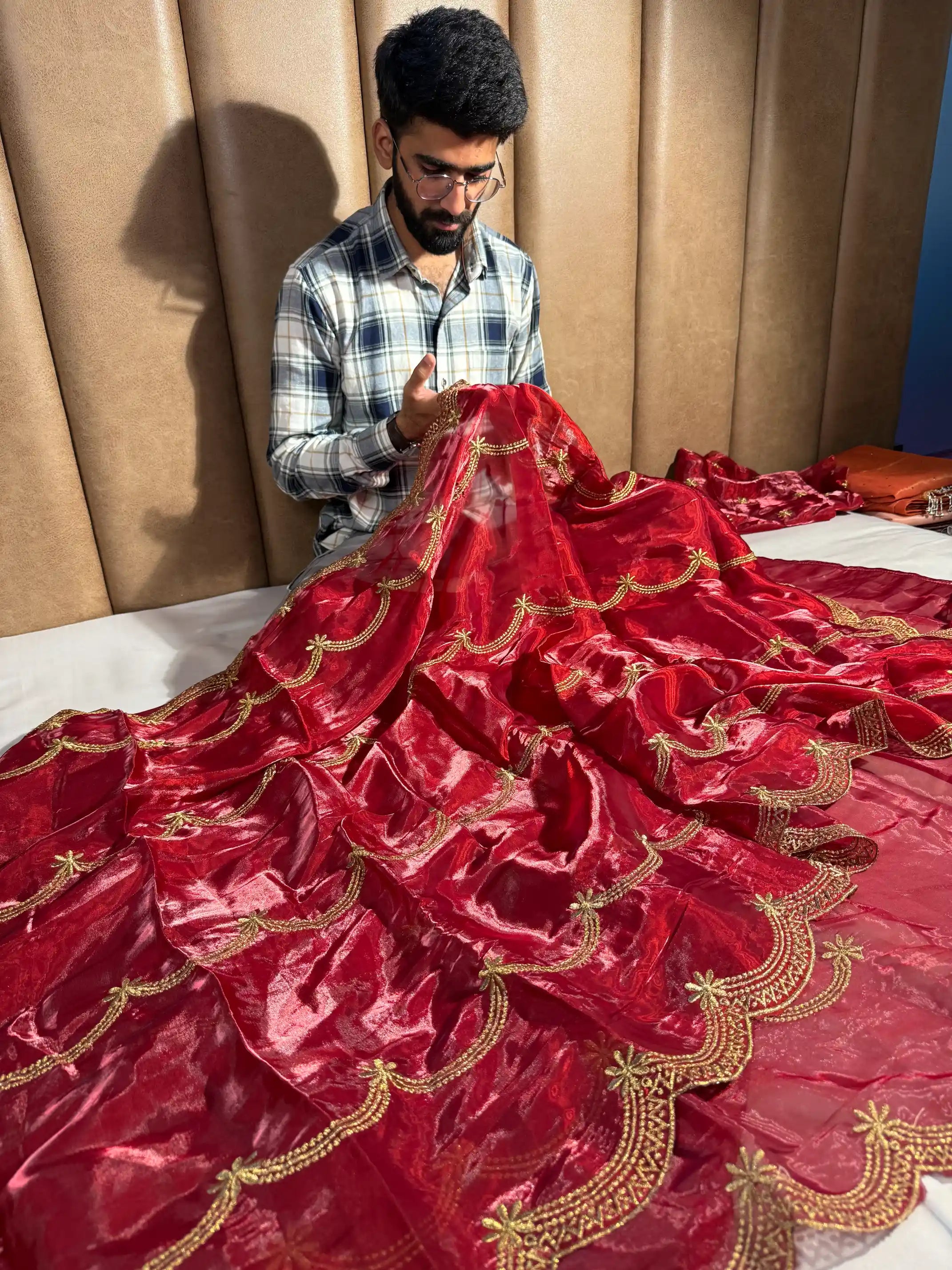 Deep Carmine Shimmery Tissue Silk Saree