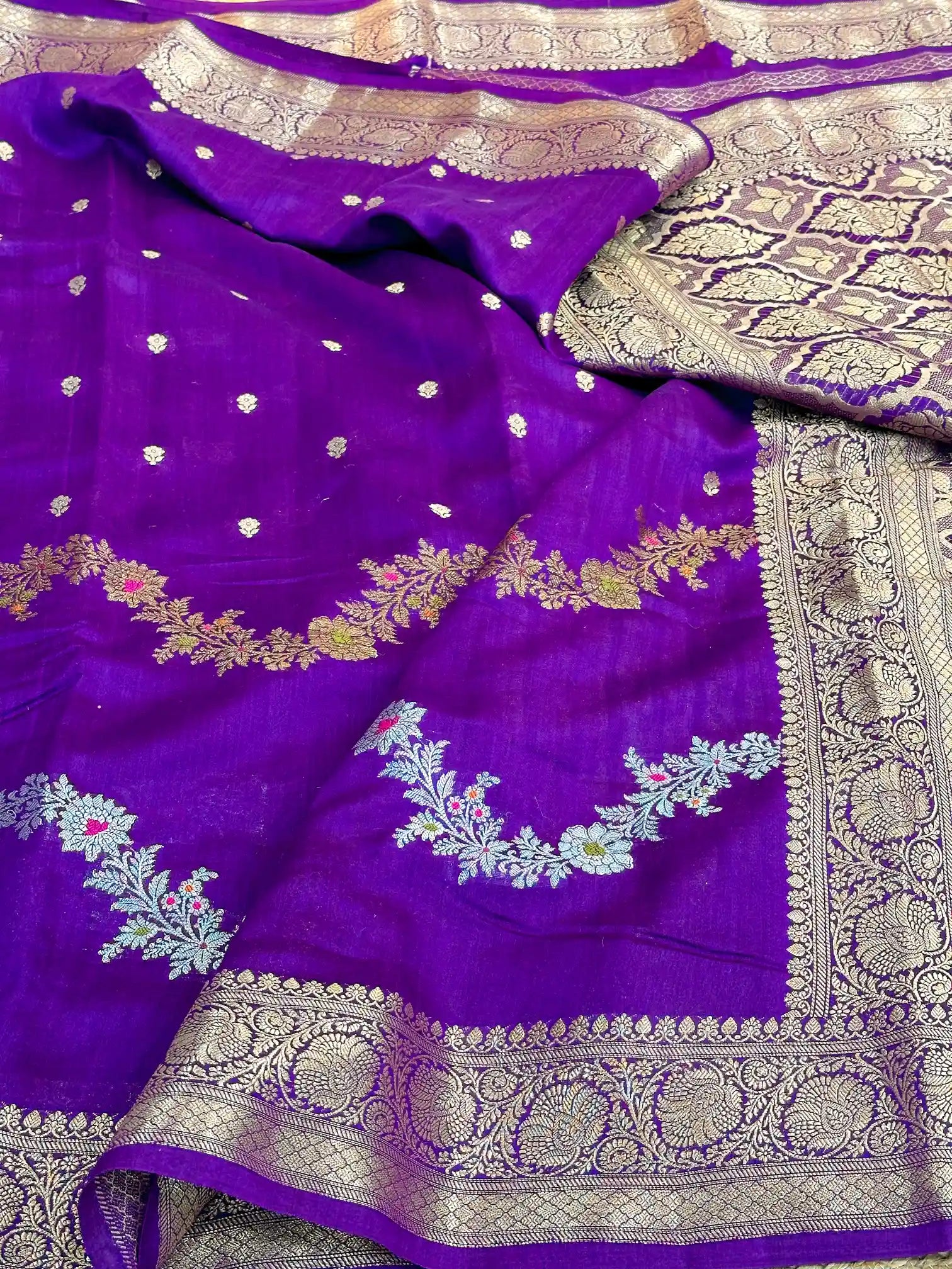 Deep Purple Pure Chiniya Silk Meenakari Leheriya Banarasi Saree