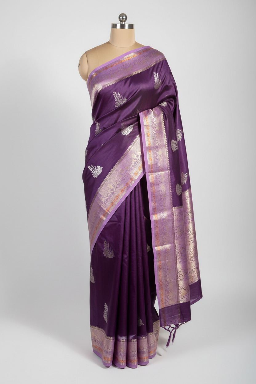 Deep purple raw dupion silk heritage Banarasi Saree