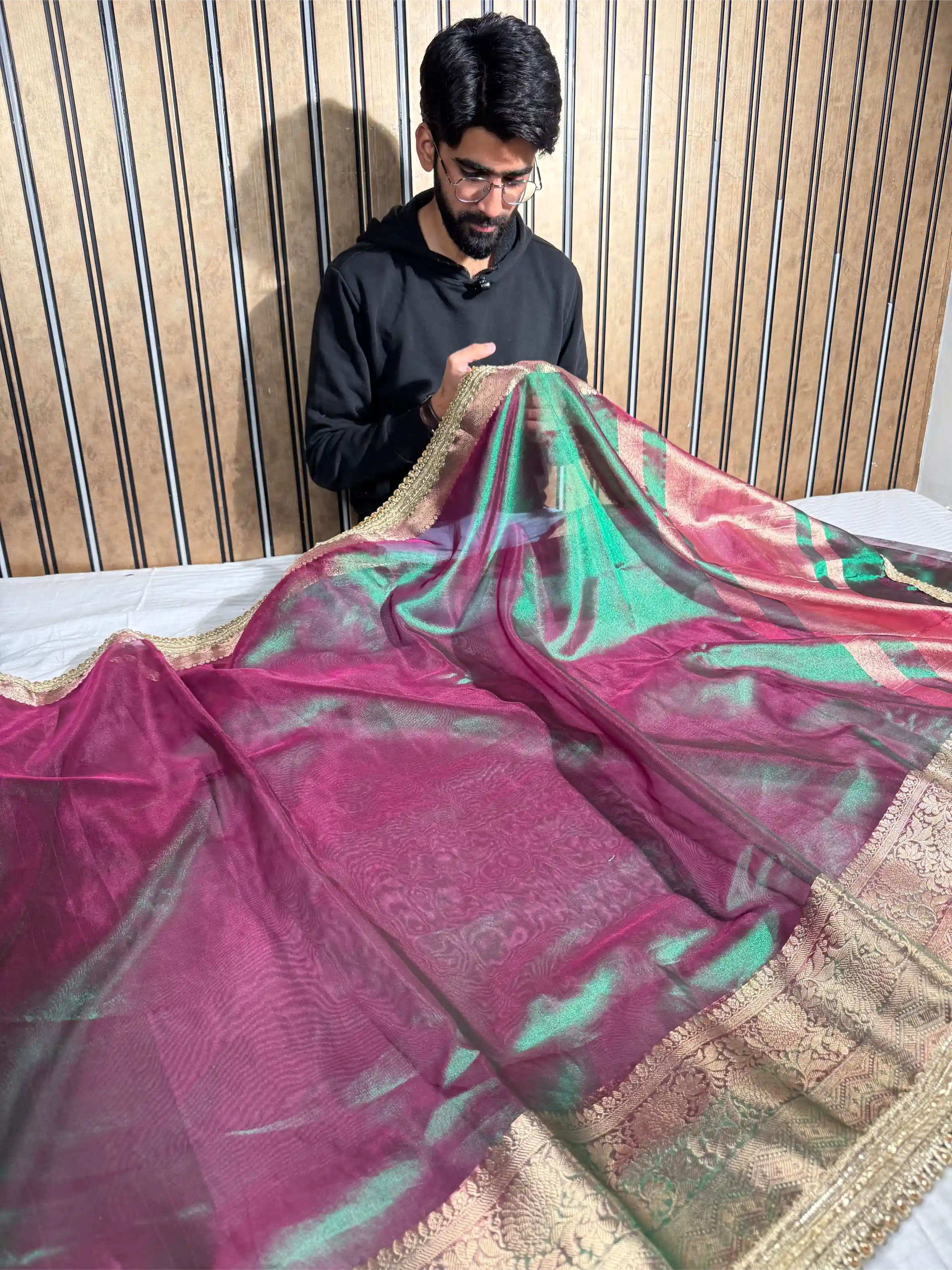 Dhoop Chaon Green Tissue Silk Designer Lace Attached Banarasi Saree