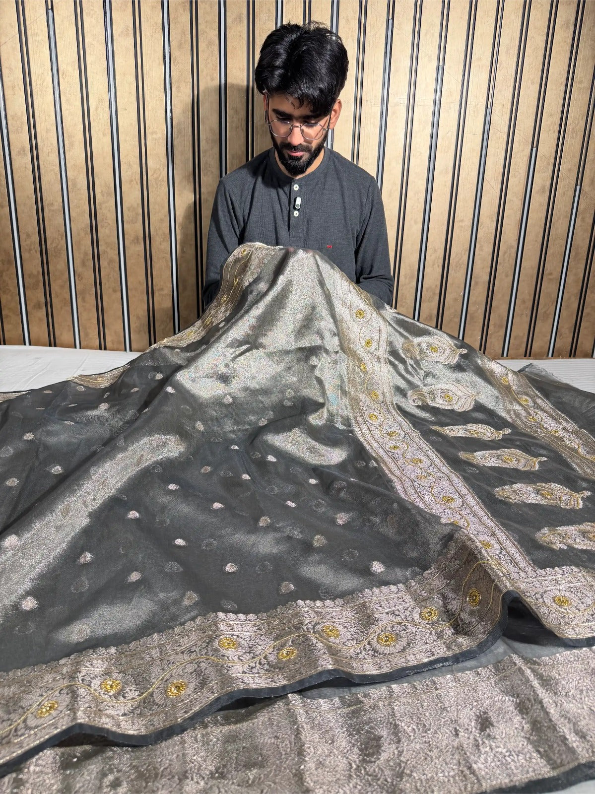 Dhoop Chaon Grey Premium Tissue Silk Designer Saree