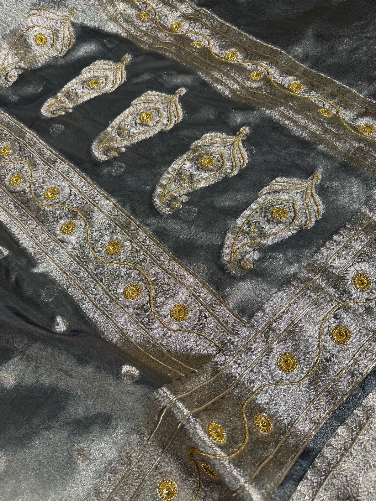 Dhoop Chaon Grey Premium Tissue Silk Designer Saree