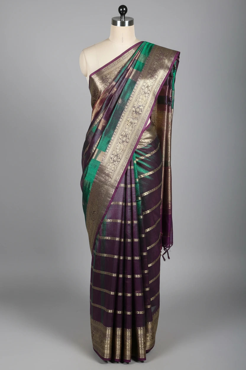 Dhoop Chaon Metallic Green Kora Tissue Silk Banarasi Saree