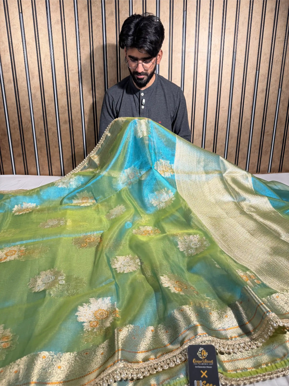 Dhoop Chaon Green Premium Tissue Silk Designer Saree