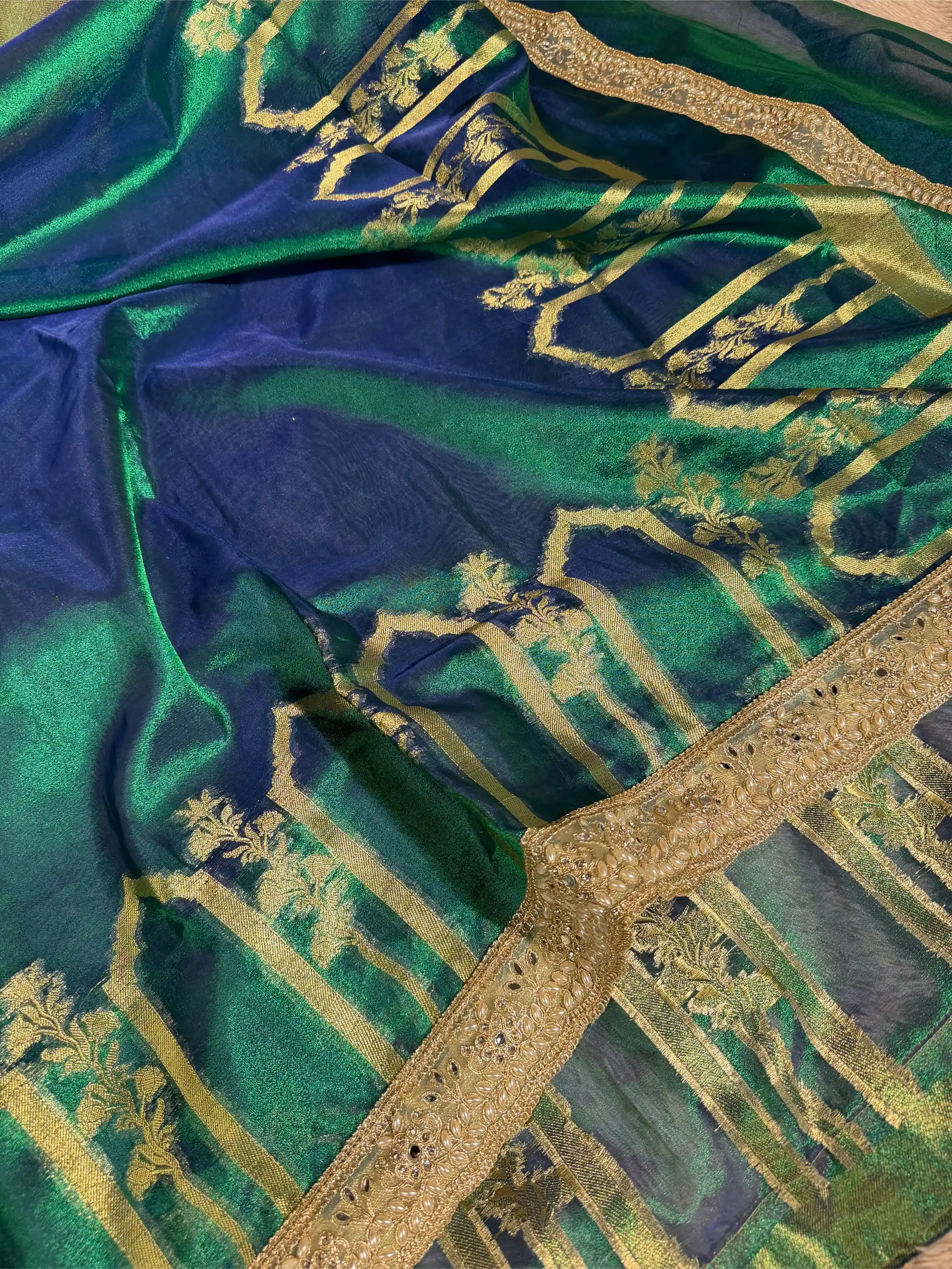 Dhoop Chaon Peacock Heritage Tissue Silk Designer Lace Work Banarasi Saree