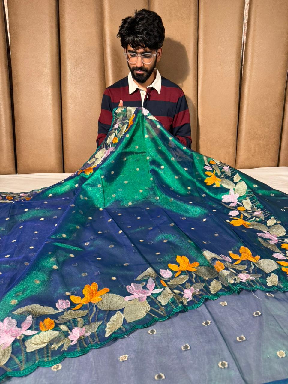 Dhoop Chaon Peacock Kora Tissue Crochet Embroidered Saree