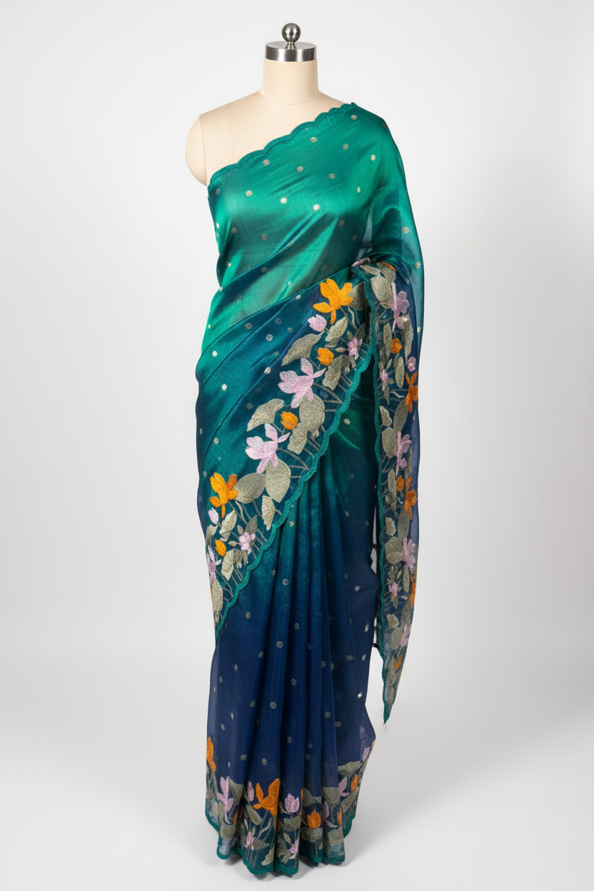 Dhoop Chaon Peacock Kora Tissue Crochet Embroidered Saree