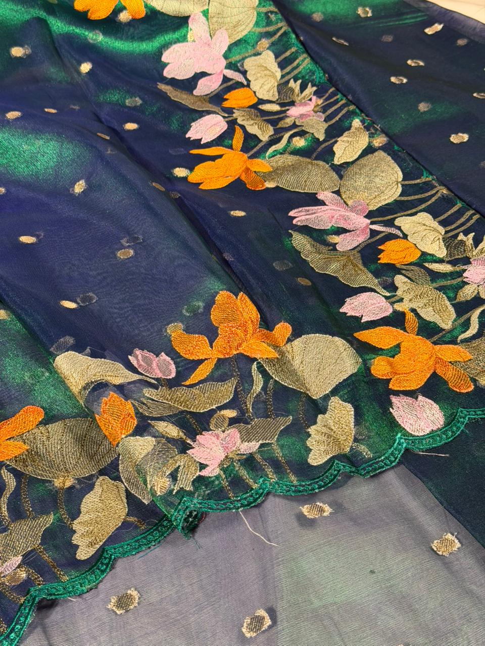Dhoop Chaon Peacock Kora Tissue Crochet Embroidered Saree