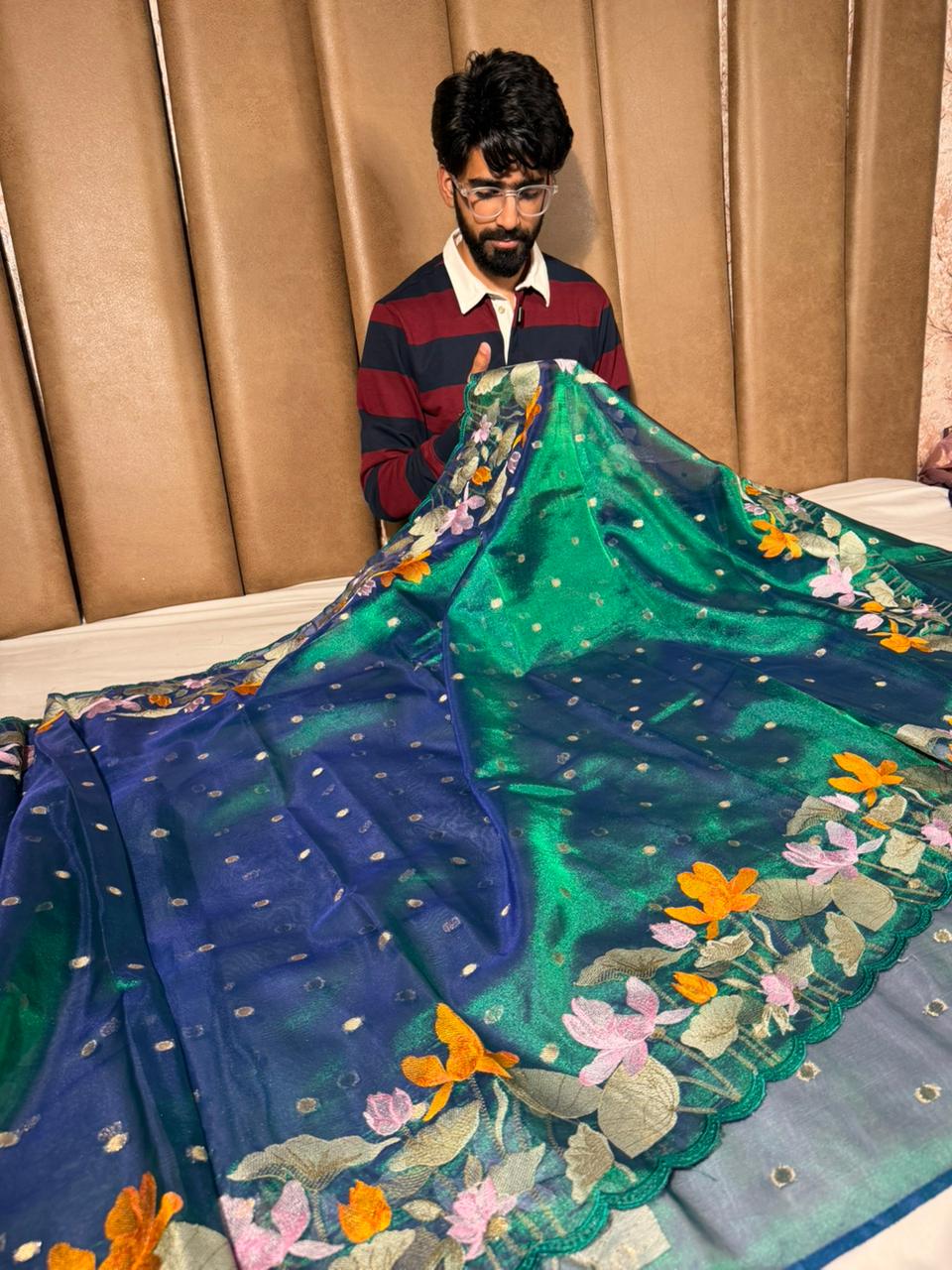 Dhoop Chaon Peacock Kora Tissue Crochet Embroidered Saree