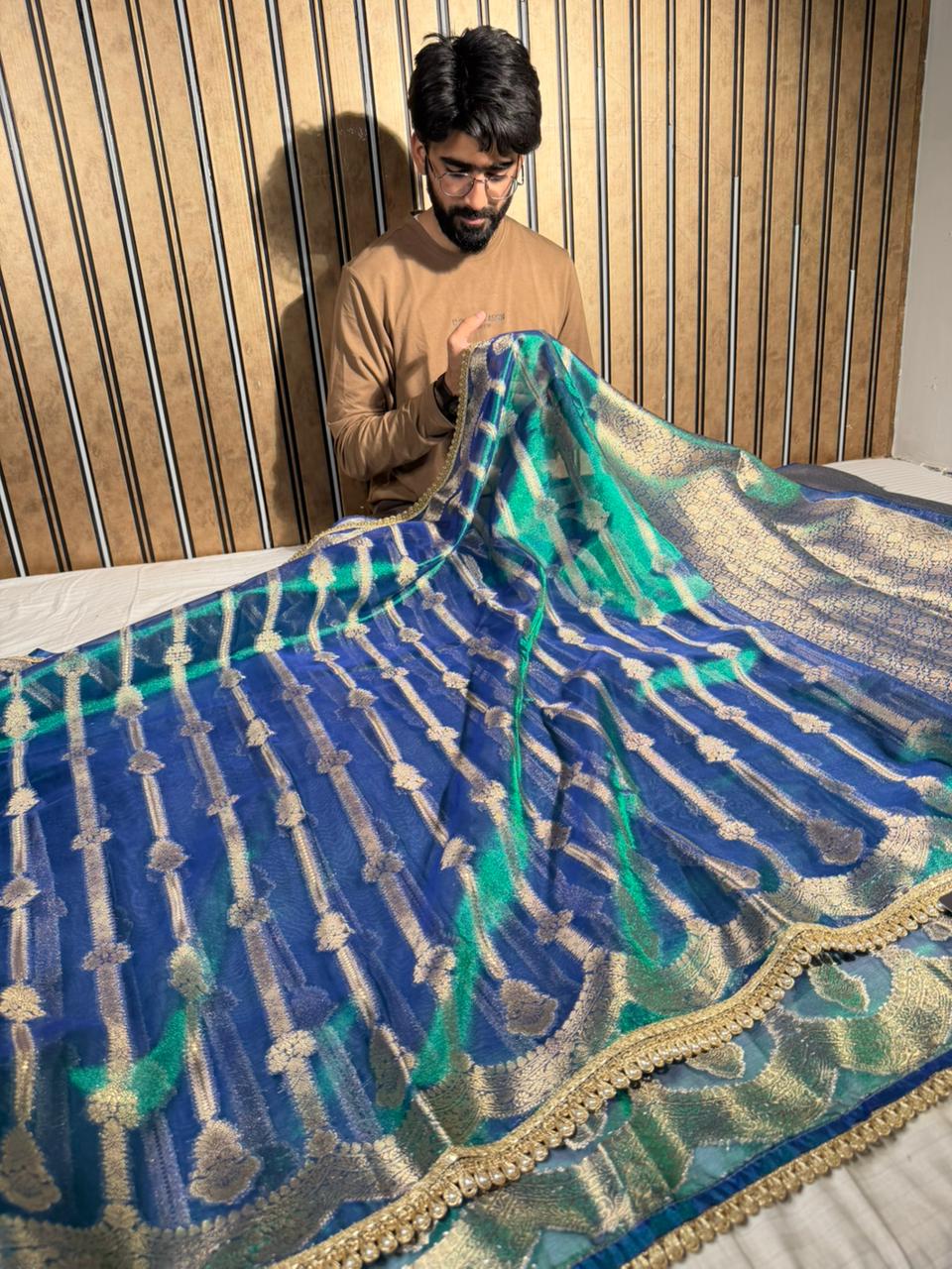 Dhoop Chaon Peacock Scallop Tissue Silk Designer Banarasi Saree