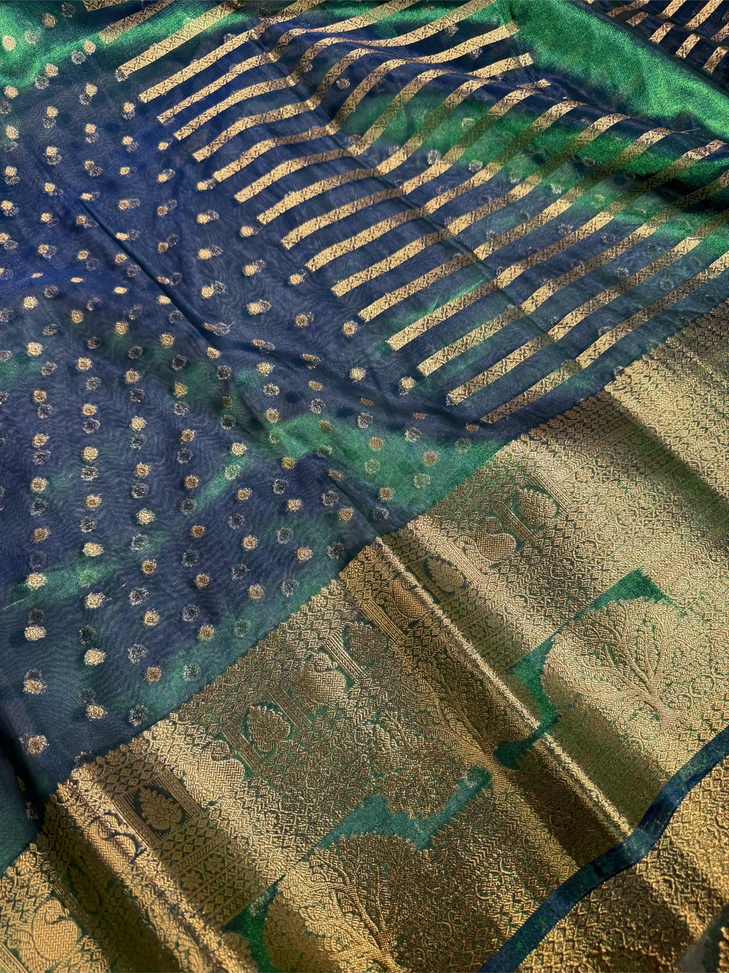 Dhoop Chaon Peacock Shade Tissue Silk Buti Weave Banarasi Saree