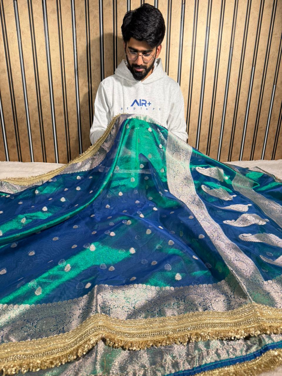 Dhoop Chaon Peacock Shade Tissue Silk Designer Banarasi Saree