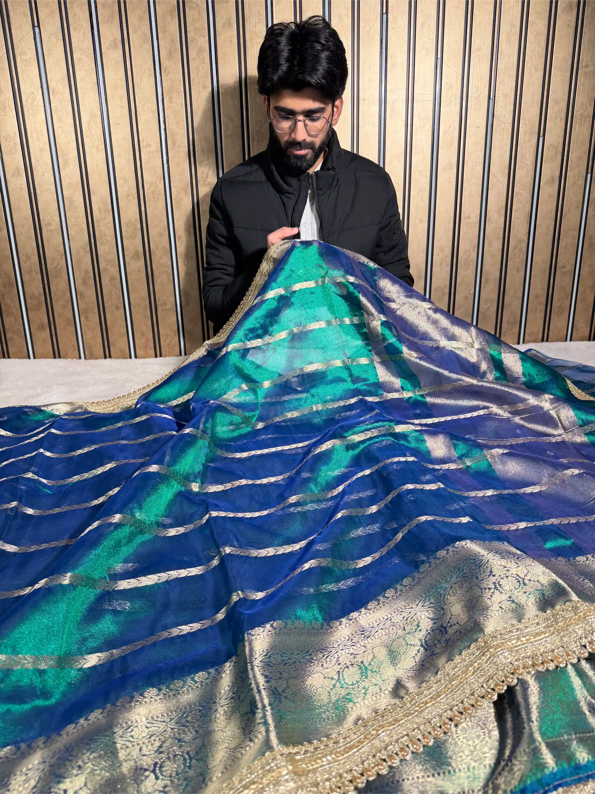 Dhoop Chaon Peacock Tissue Silk Moti Lace Attached Banarasi Saree