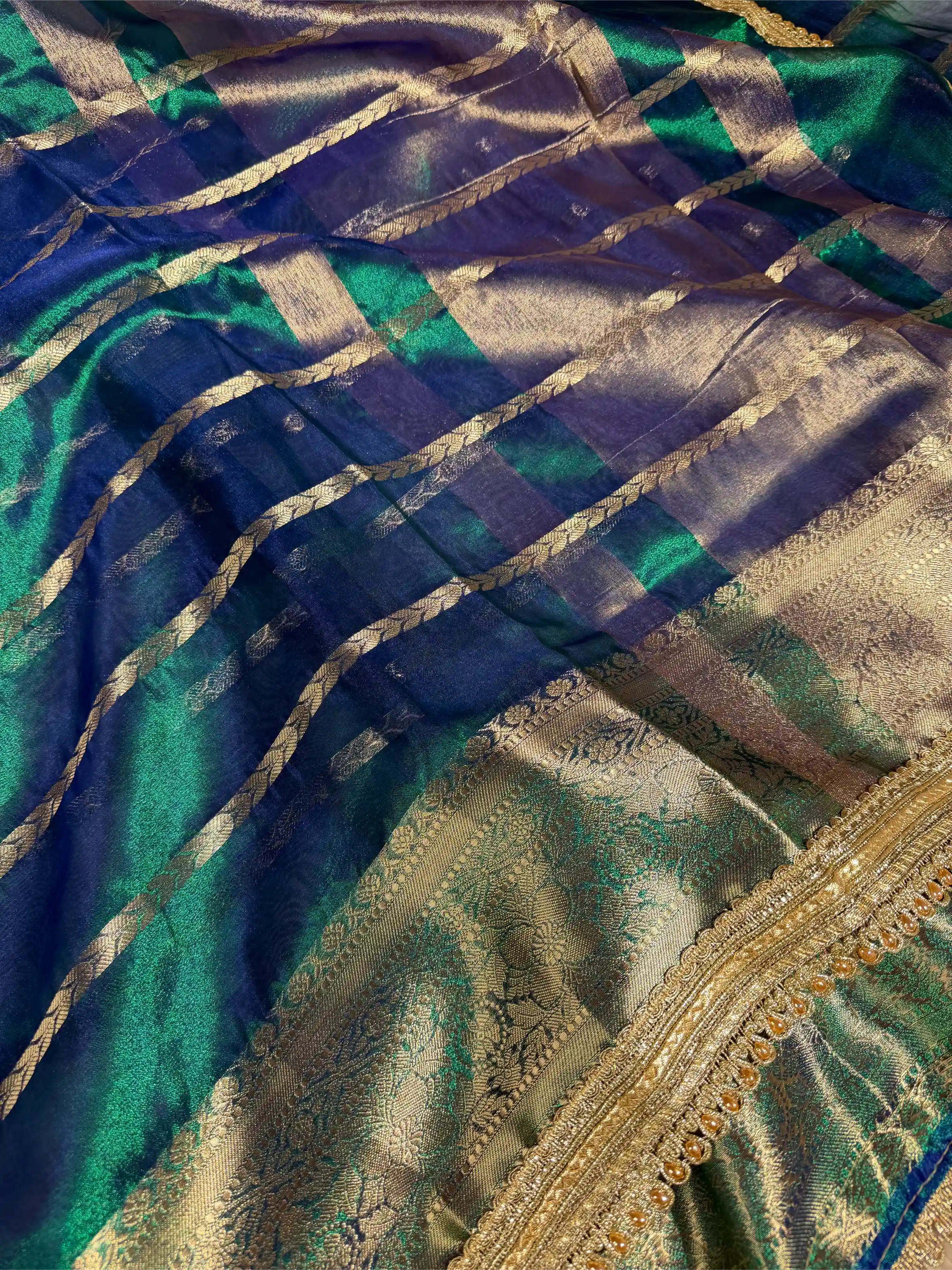 Dhoop Chaon Peacock Tissue Silk Moti Lace Attached Banarasi Saree