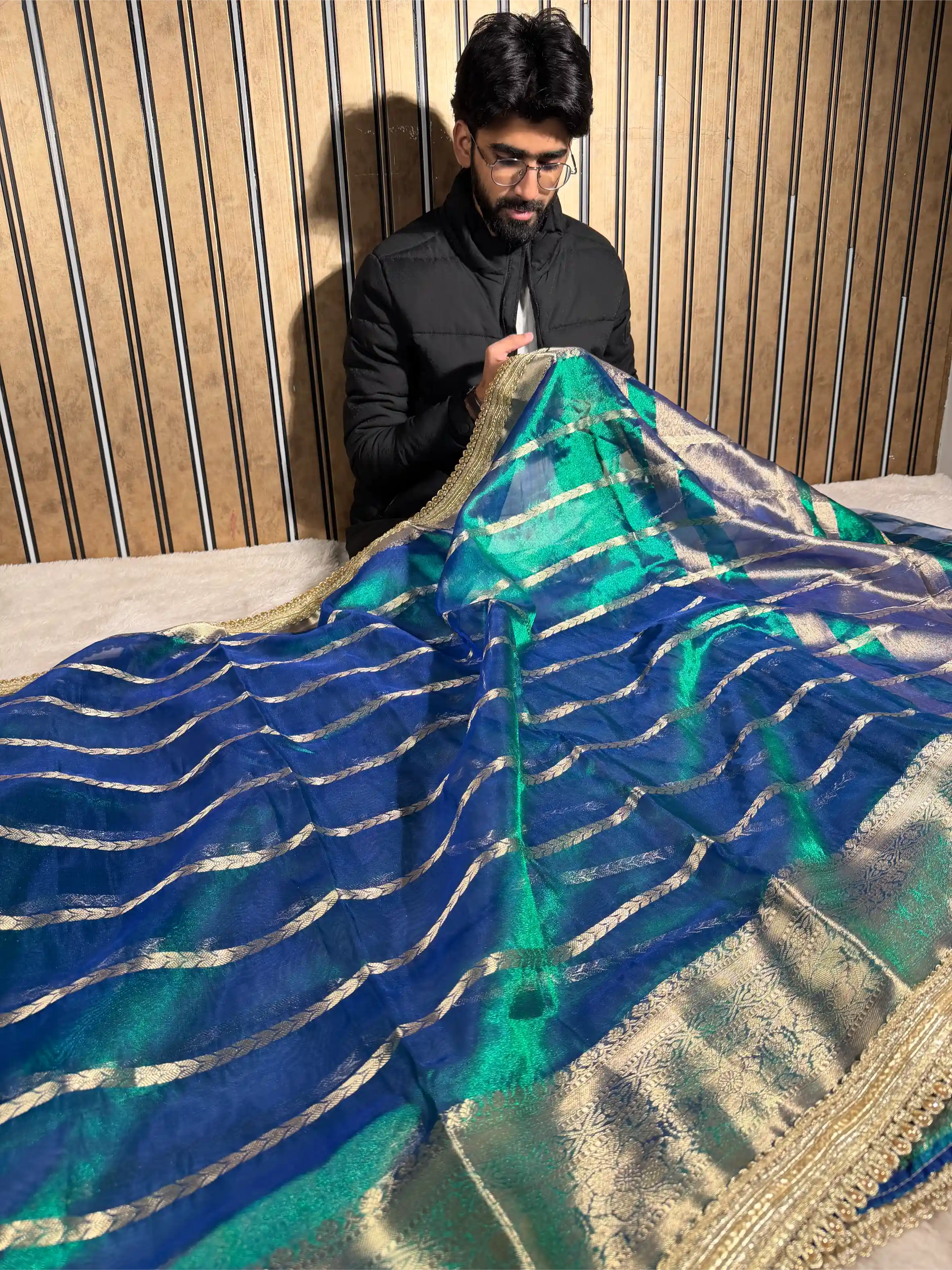 Dhoop Chaon Peacock Tissue Silk Moti Lace Attached Banarasi Saree