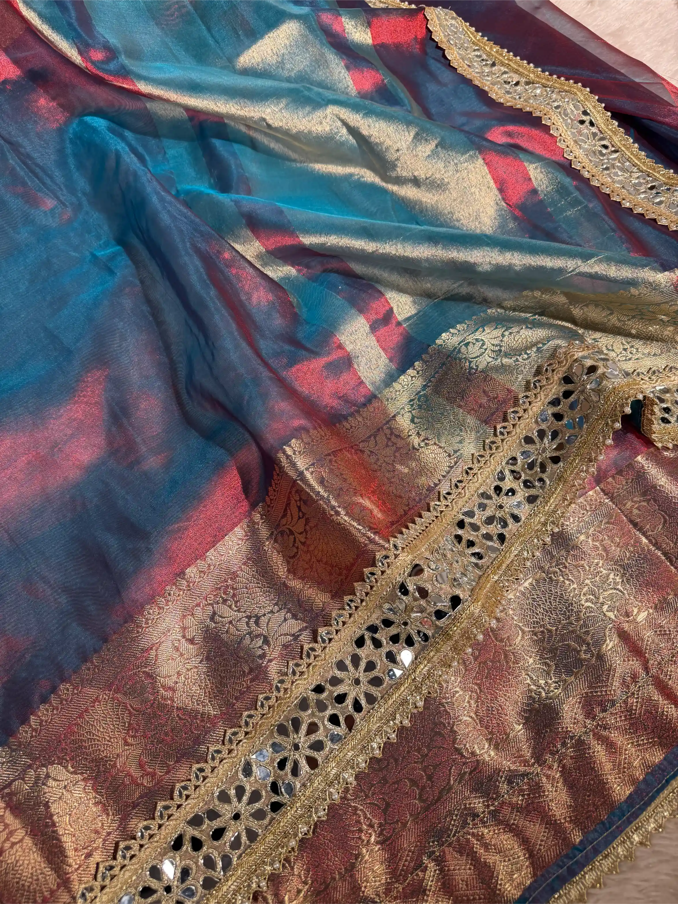 Dhoop Chaon Rare German Blue Shade Tissue Silk Dedo Banarasi Saree