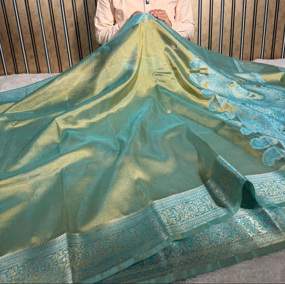 Dhoop Chaon Sea Green Soft Tissue Silk Banarasi Saree