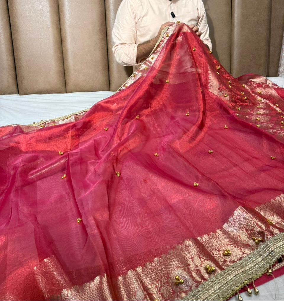 Dhoop Chaon Strawberry Viral Ghungroo Tissue Saree