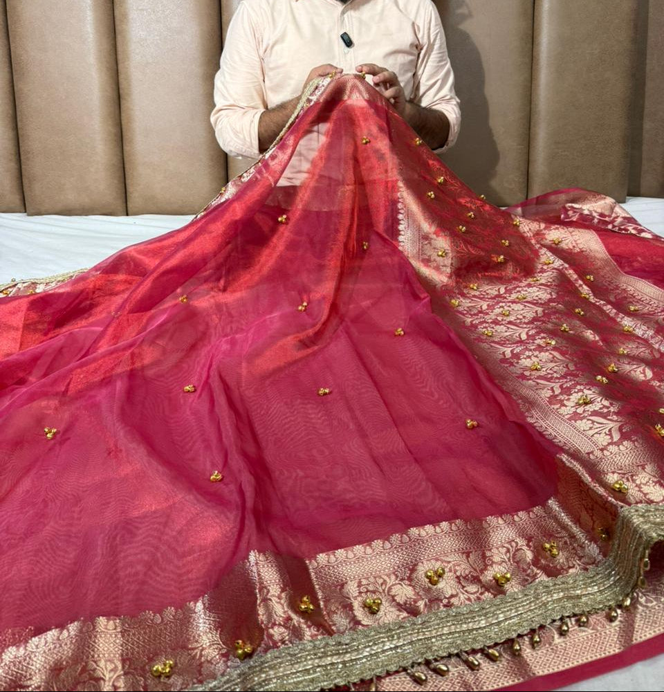 Dhoop Chaon Strawberry Viral Ghungroo Tissue Saree