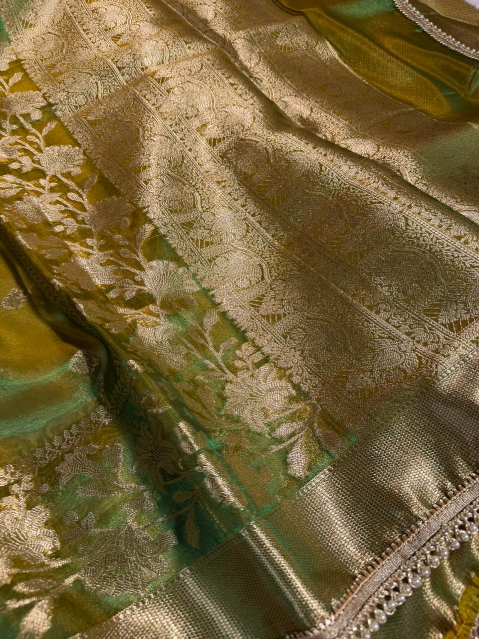 Dhoop chaon green kora tissue designer Banarasi Saree