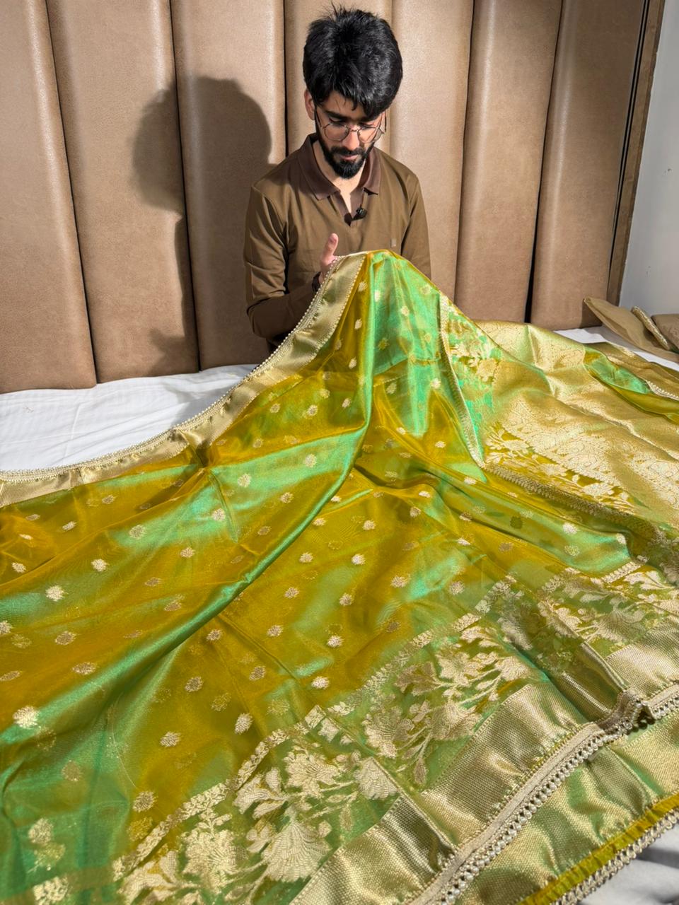 Dhoop chaon green kora tissue designer Banarasi Saree