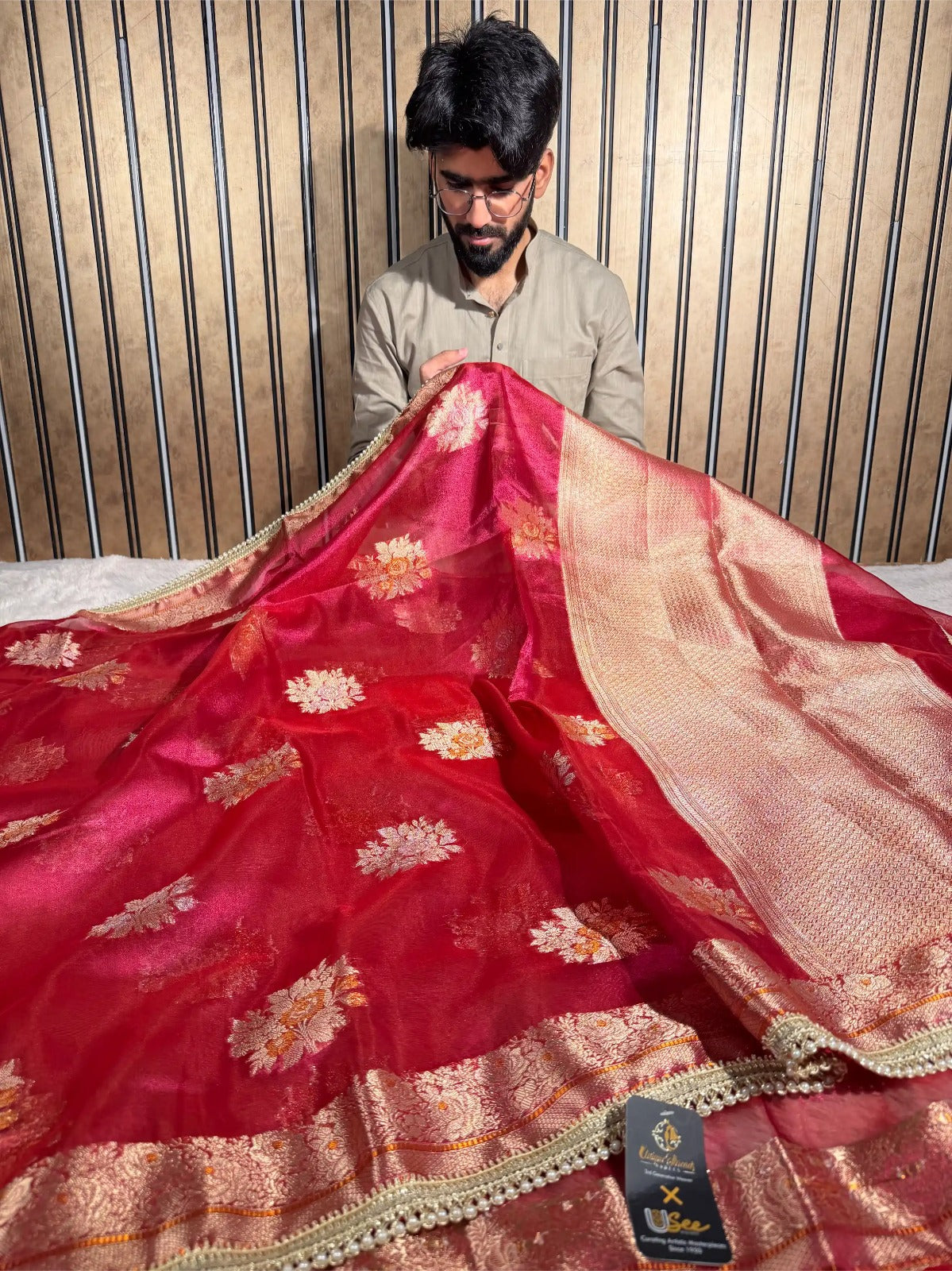 Dhoop chaon red premium tissue silk designer saree