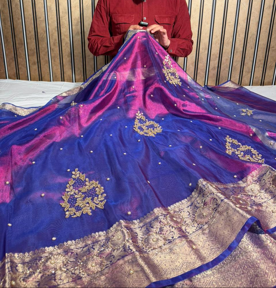 Dual Shaded Baigani Tissue Silk Premium Handwork Banarasi Saree