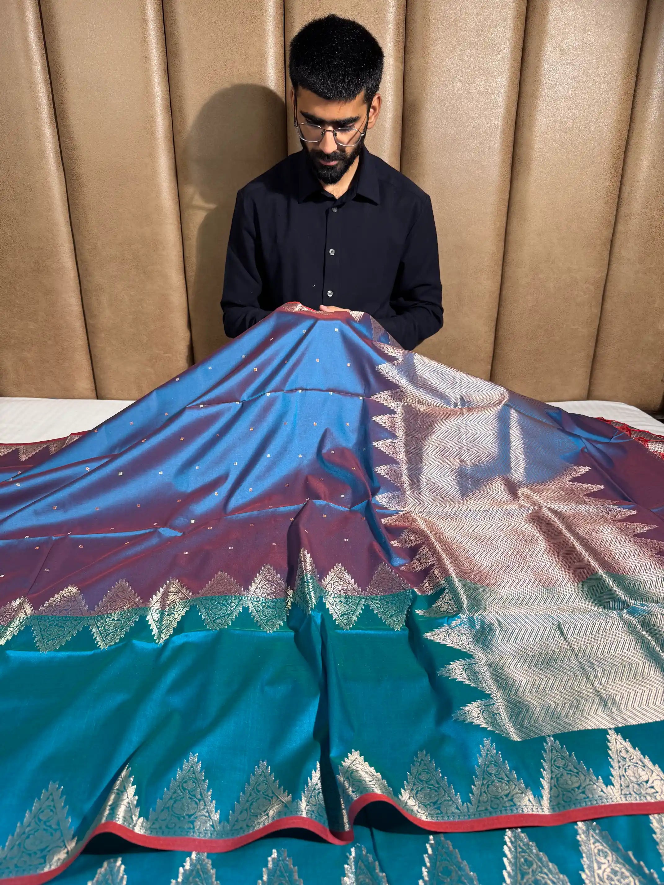 Dual Shaded Blue Semi Katan Silk Contemporary Traditional Weave Banarasi Saree
