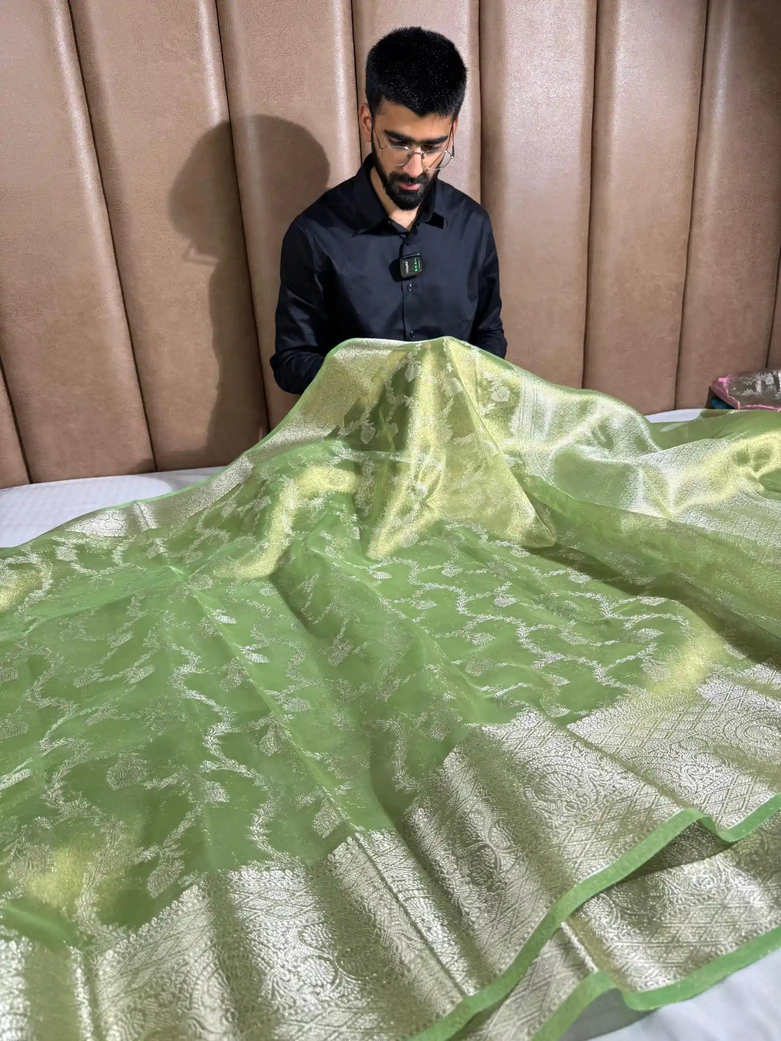 Dual Shaded Metallic Parrot Green Glass Tissue Silk Banarasi Saree