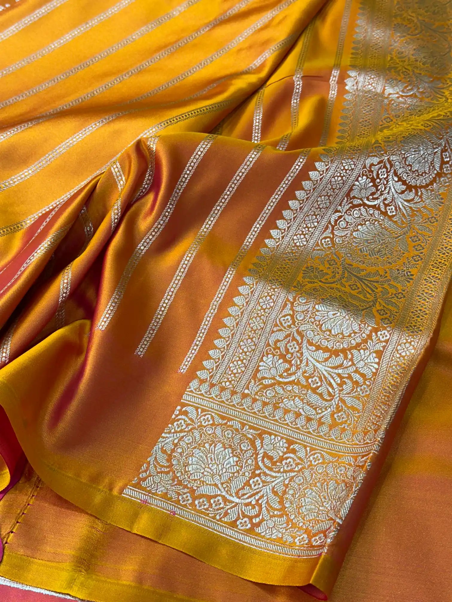 Dual Shaded Orange Mashru Katan Silk Heritage Zari Buti Weave Banarasi Saree