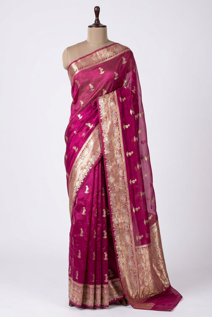 Dual Shaded Rani Pink 100% Pure Tissue Silk Jacquard Weave Banarasi Saree