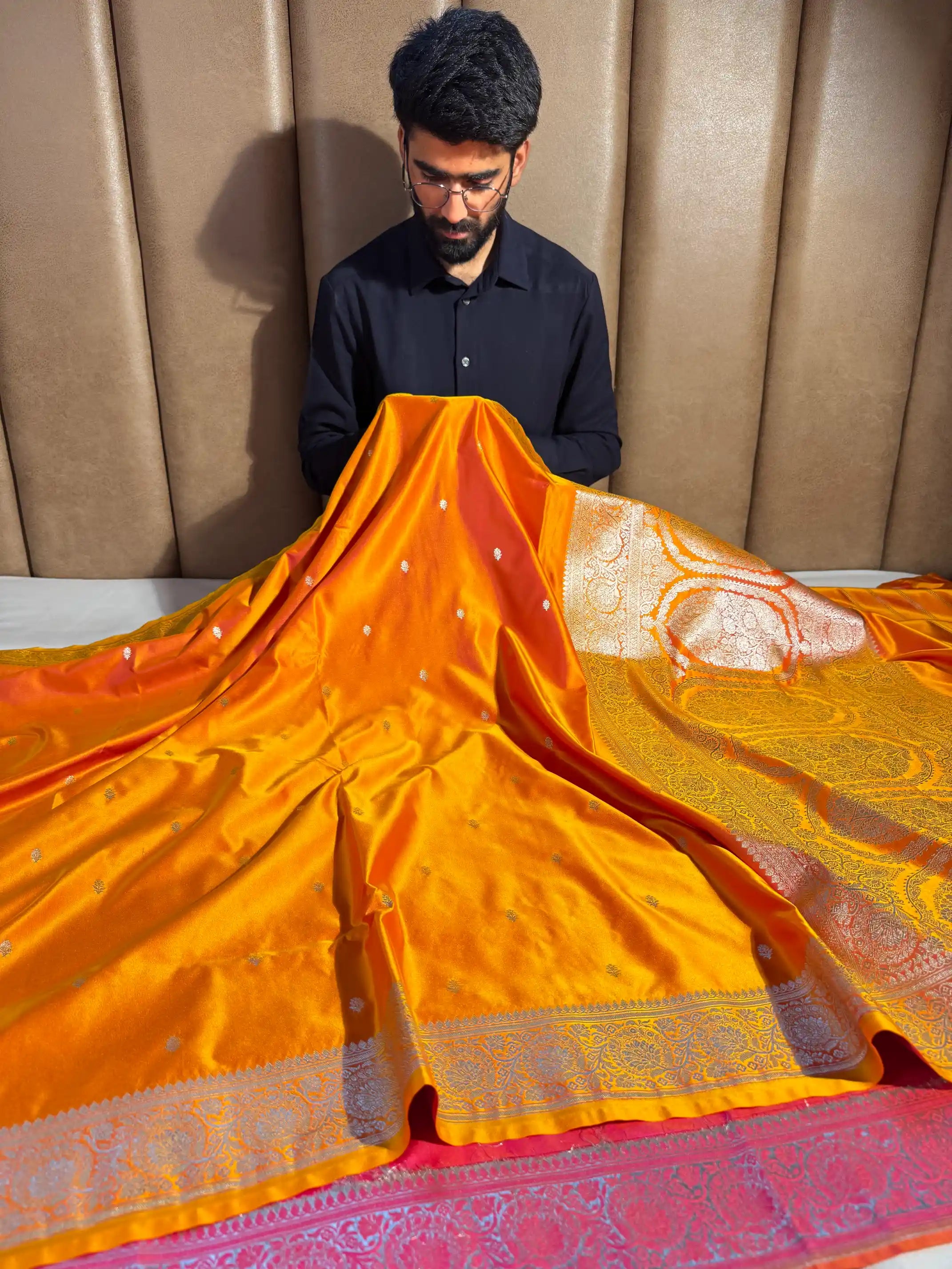 Dual Shaded Orange Mashru Katan Silk Heritage Zari Buti Weave Banarasi Saree