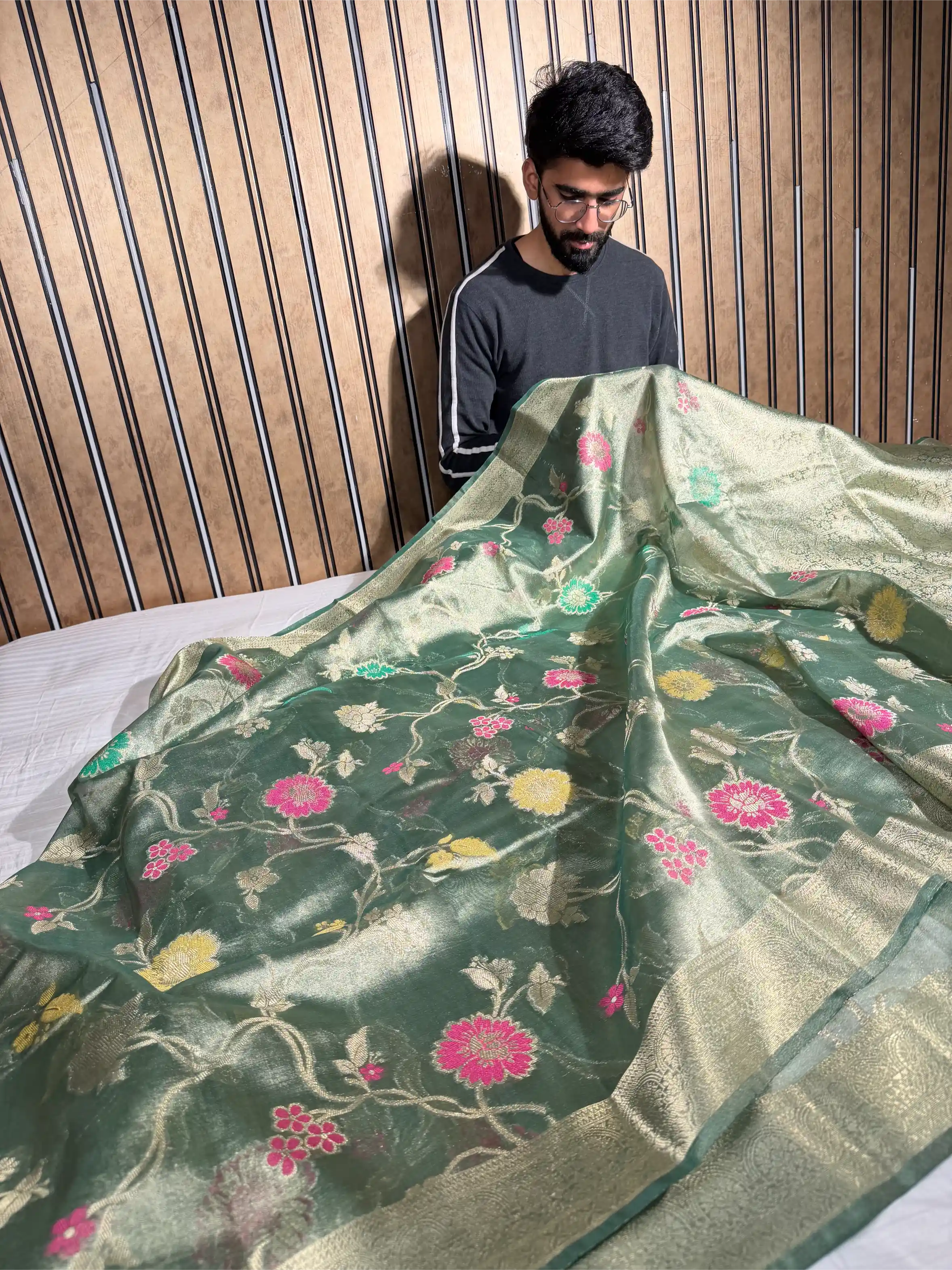 Dusty Green Tissue Silk Meenakari Banarasi Saree