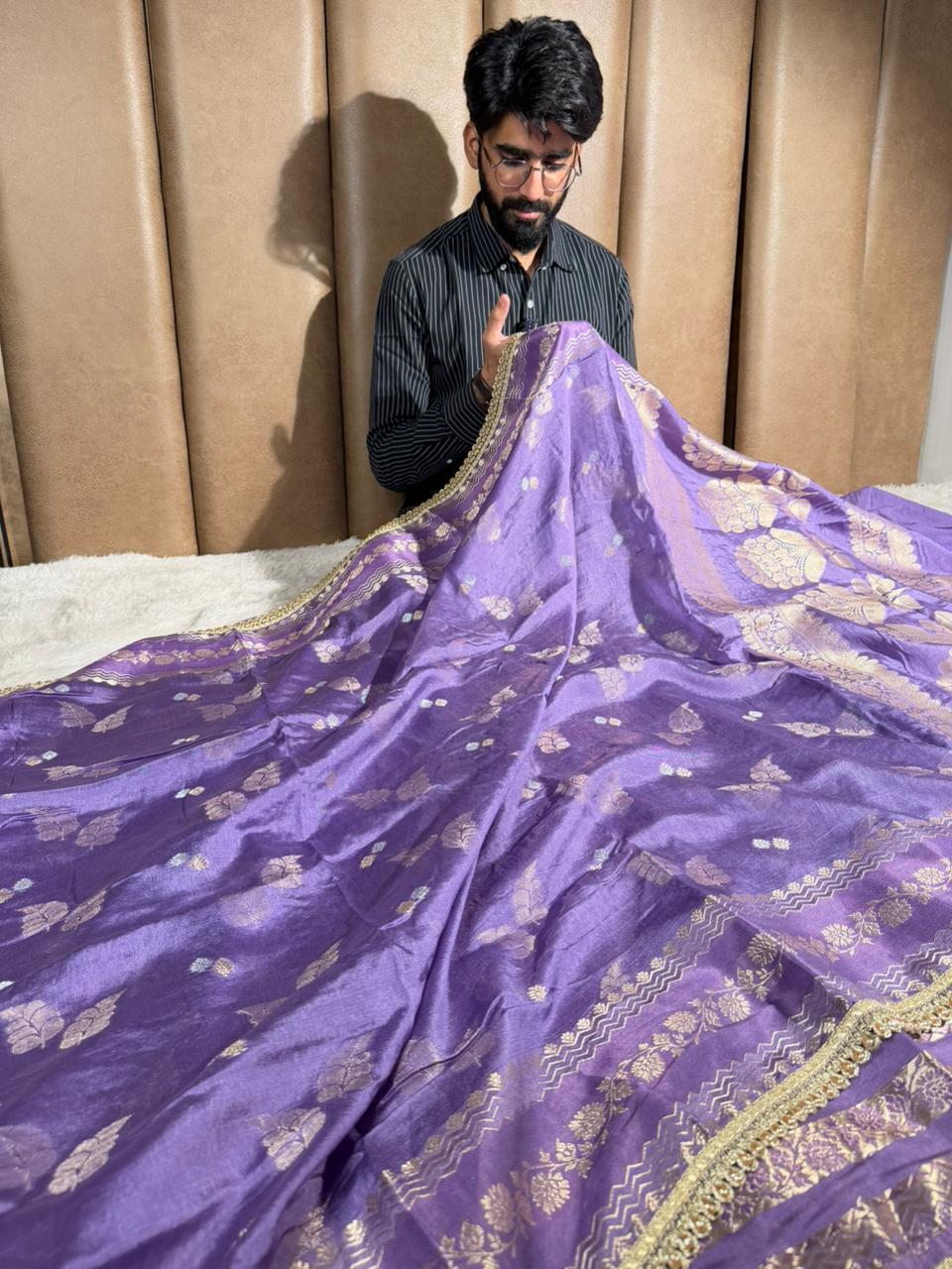 Dusty Lavender Premium Dupion Silk Lace Work Saree