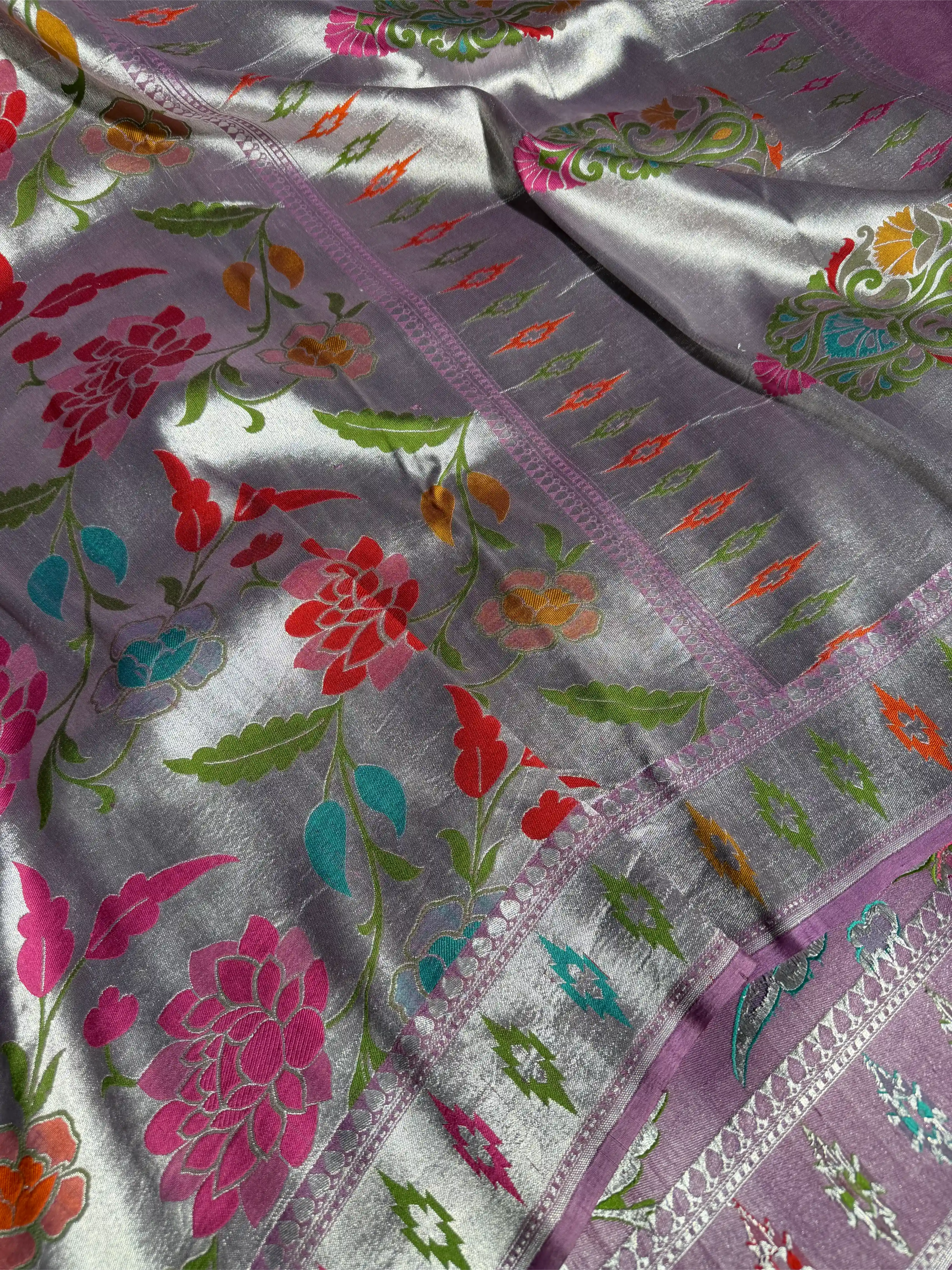 Dusty Lavender Pure Tussar Georgette Handwoven Masterpiece Banarasi Saree