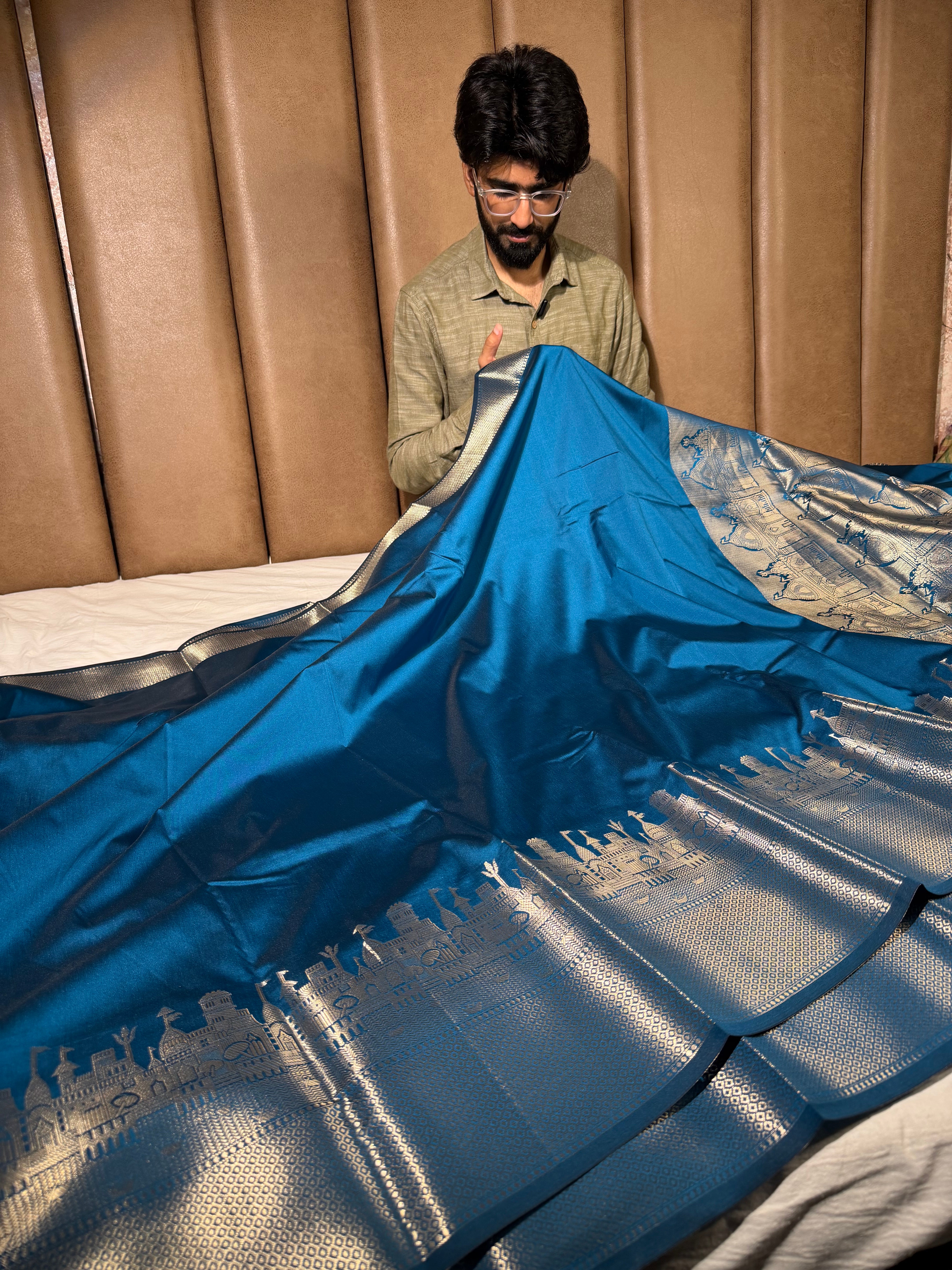 Light Blue Ghats Border Softsilk Banarasi Saree