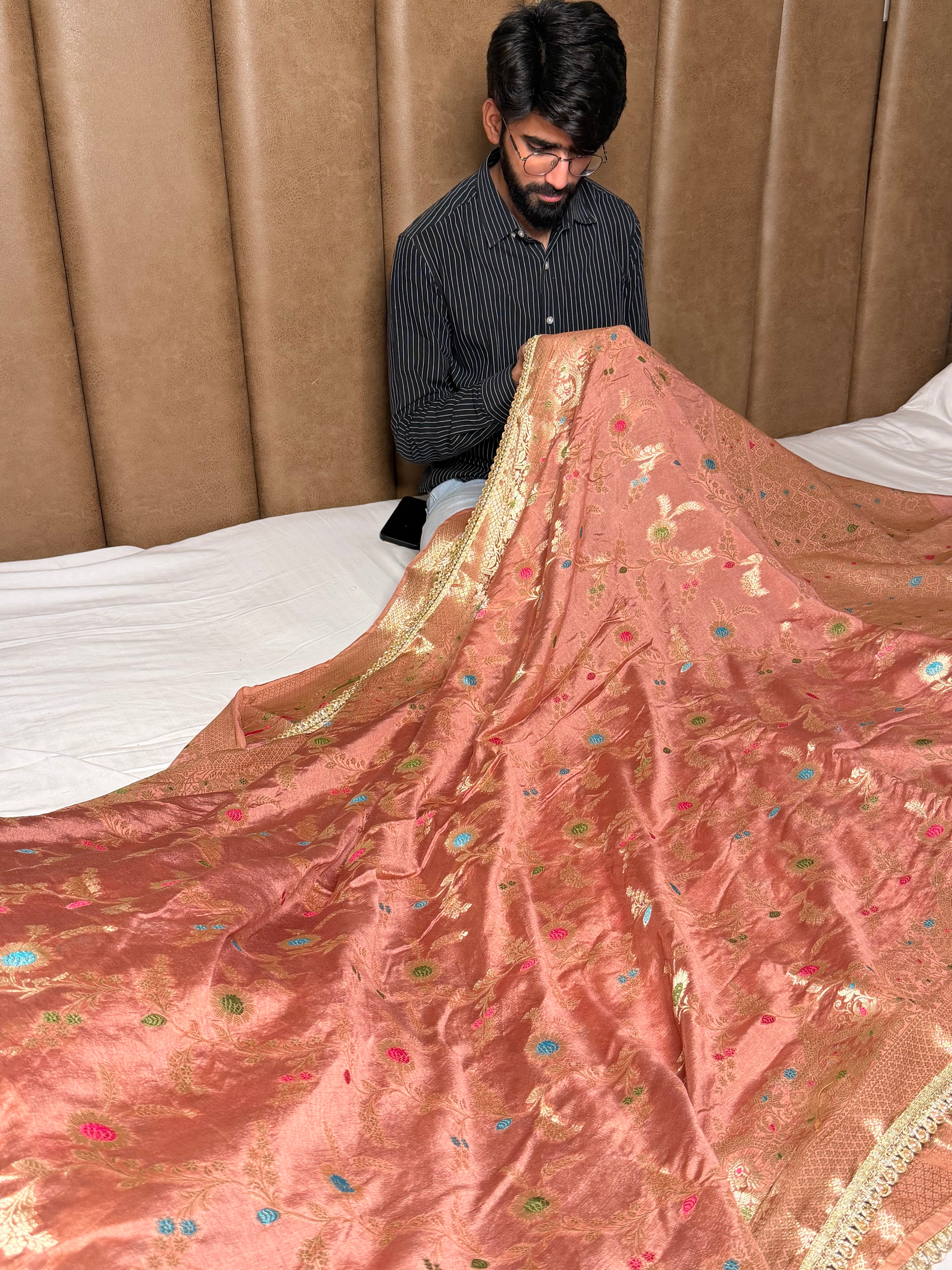 Mauve Peach Pemium Dupion Silk Lace Work Banarasi Saree